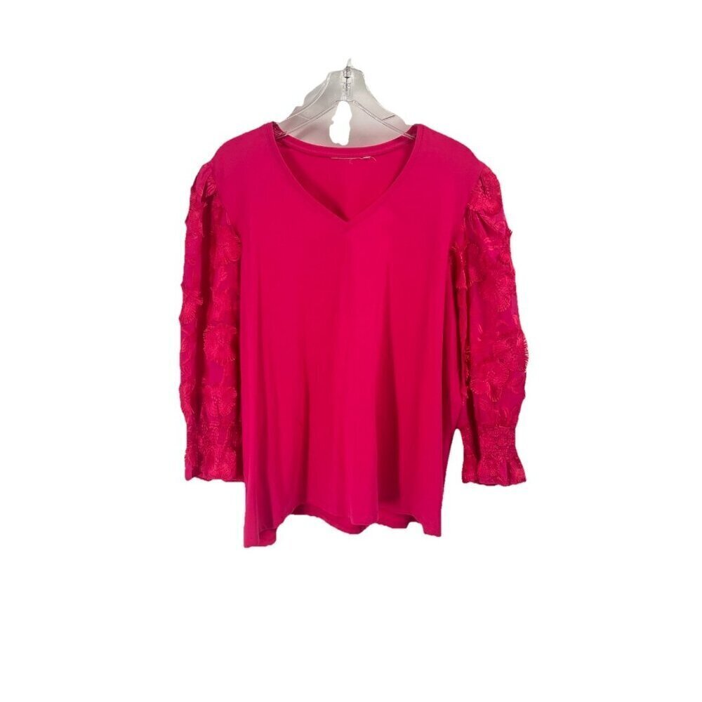 Chicos 3D Floral Applique Sleeve Pink Blouse Sz Large Sz 16